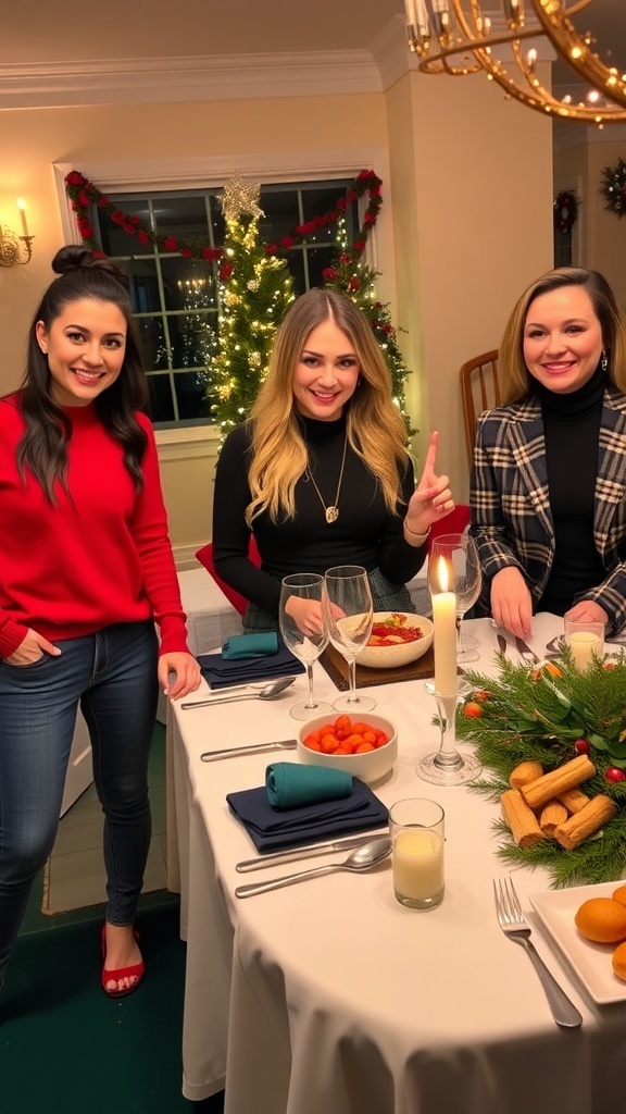 Group of friends in festive outfits at a Christmas dinner table, showcasing a mix of casual and formal styles.